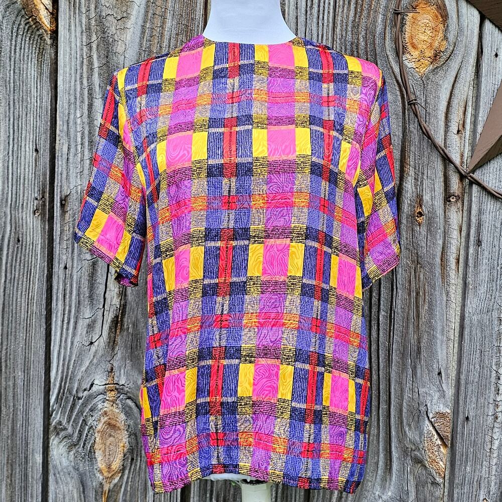 VTG Satin Plaid Blouse Size 10 Alexandria Pink Yellow Red Blue Bright Vintage